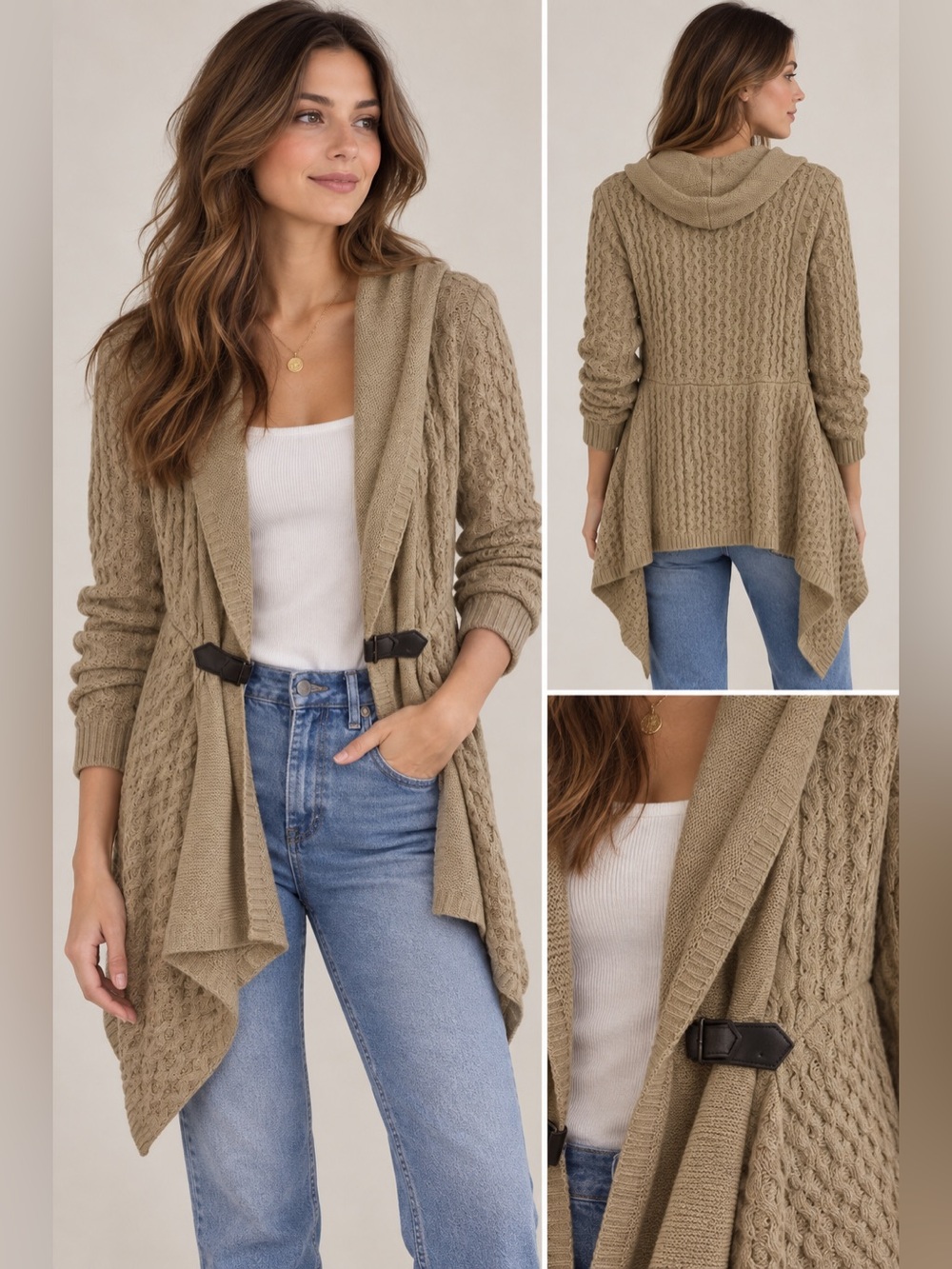 NWT LASCANA Cable Knit Open Front Cardigan Shawl Collar M